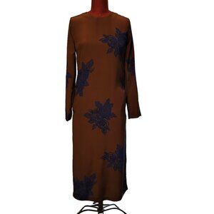 No. 6 Store Rose Print Dress Brown Silk Blue Flowers Crew Neck Midi Sheath Small